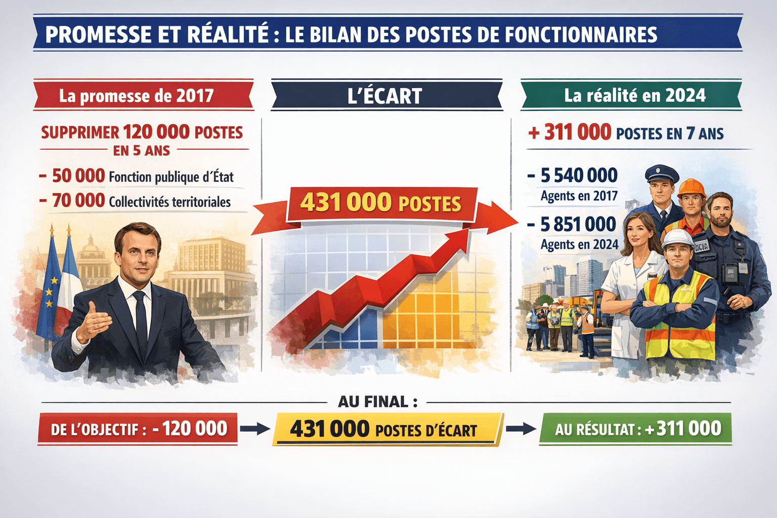 120 000 suppressions promises, +311 000 créations : le vrai bilan Macron sur les fonctionnaires